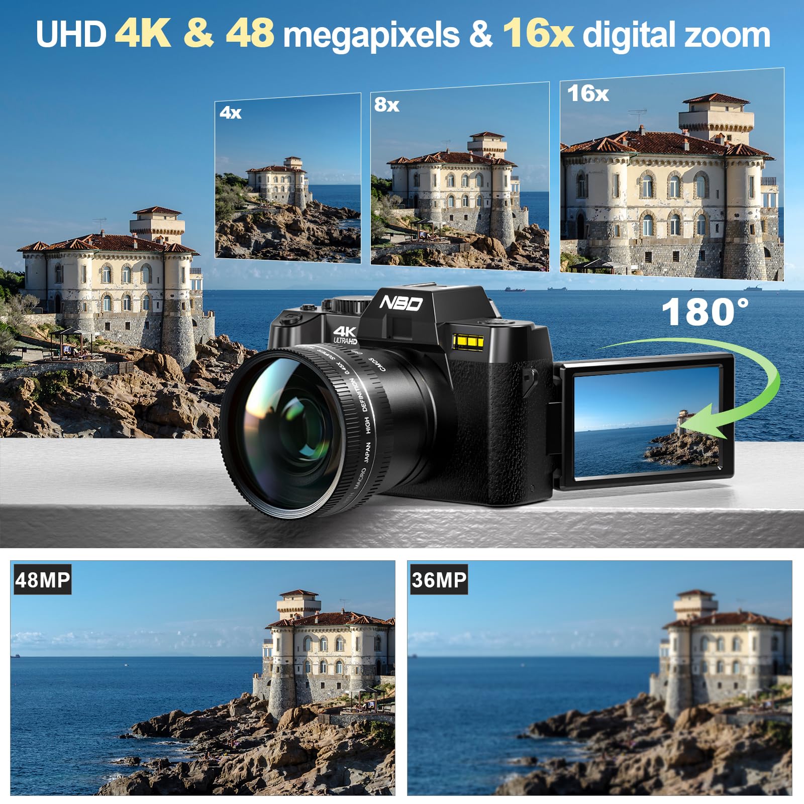 NBD Digital Camera 4K 48MP schwarz mit Weitwinkel 32GB