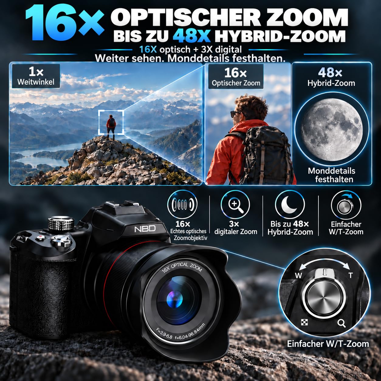 NBD Digital Camera 8K 64MP Digitalkamera 16x Zoom Klappdisplay
