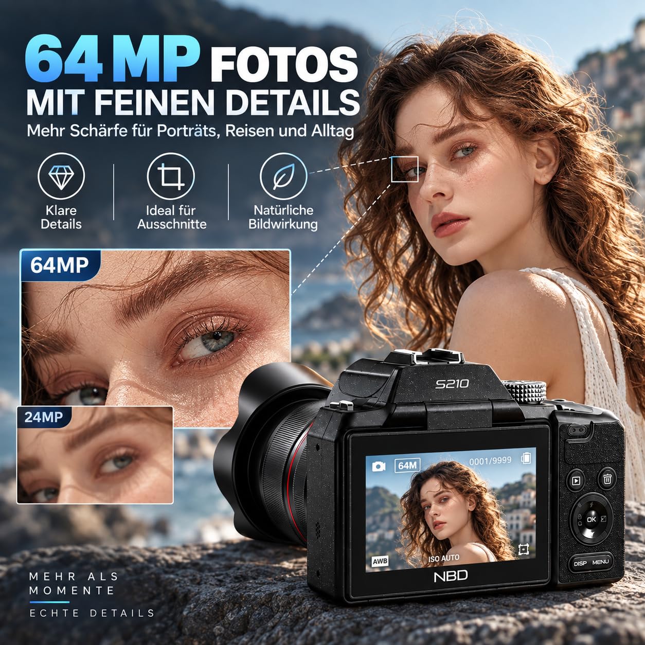 NBD Digital Camera 8K 64MP Digitalkamera 16x Zoom Klappdisplay