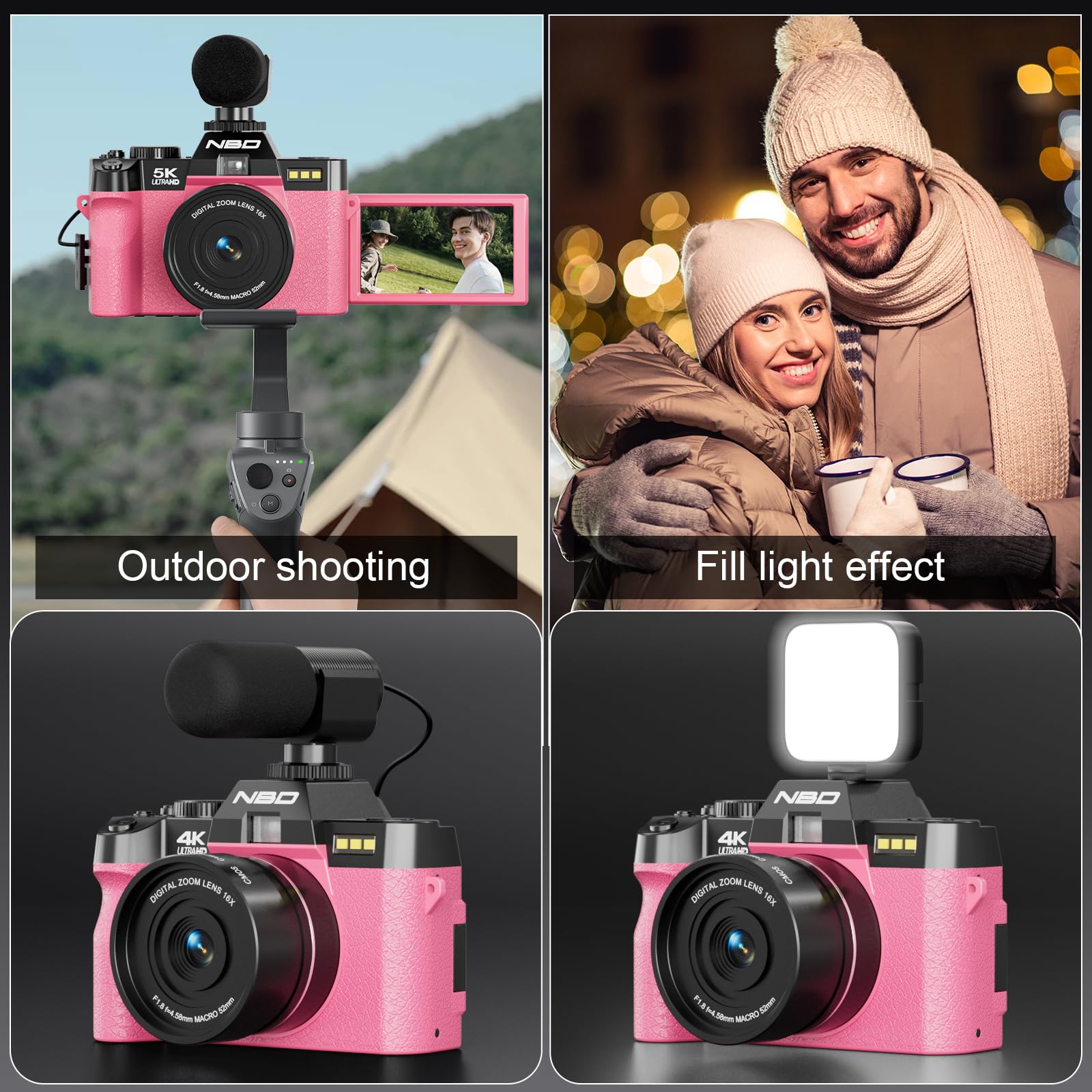 NBD Digital Camera 4K Digitalkamera Rosa 32GB mit Weitwinkel