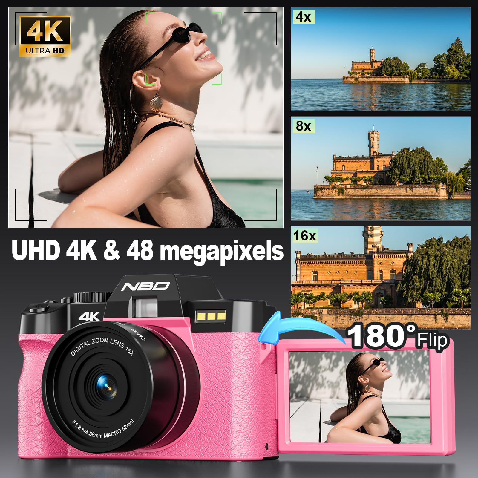 NBD Digital Camera 4K Digitalkamera Rosa 32GB mit Weitwinkel