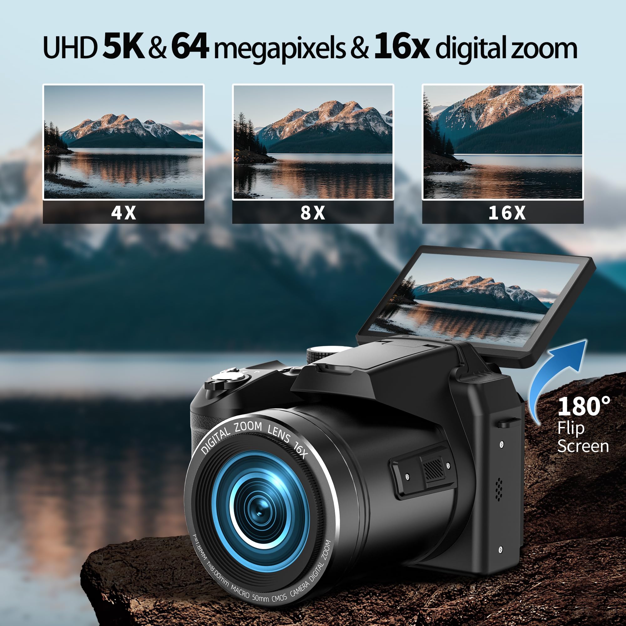 NBD Digital Camera 5K Digitalkamera 64MP WiFi Schwarz 2 Akkus