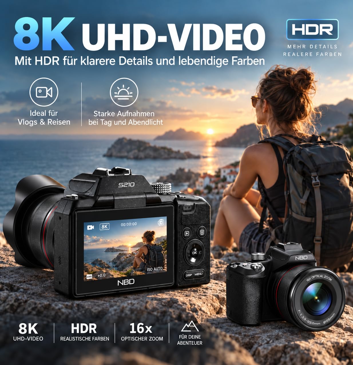 NBD Digital Camera 8K 64MP Digitalkamera 16x Zoom Klappdisplay