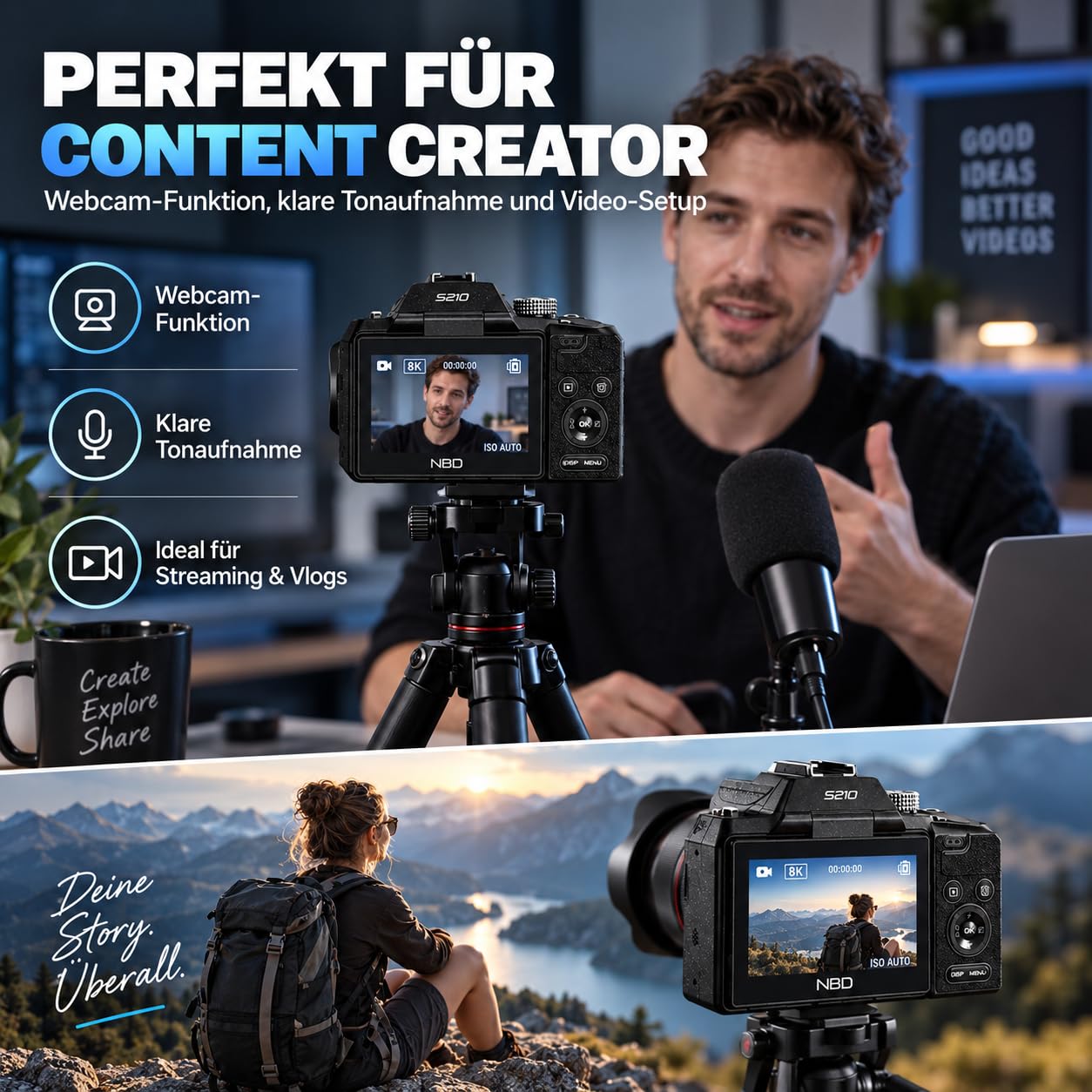 NBD Digital Camera 8K 64MP Digitalkamera 16x Zoom Klappdisplay