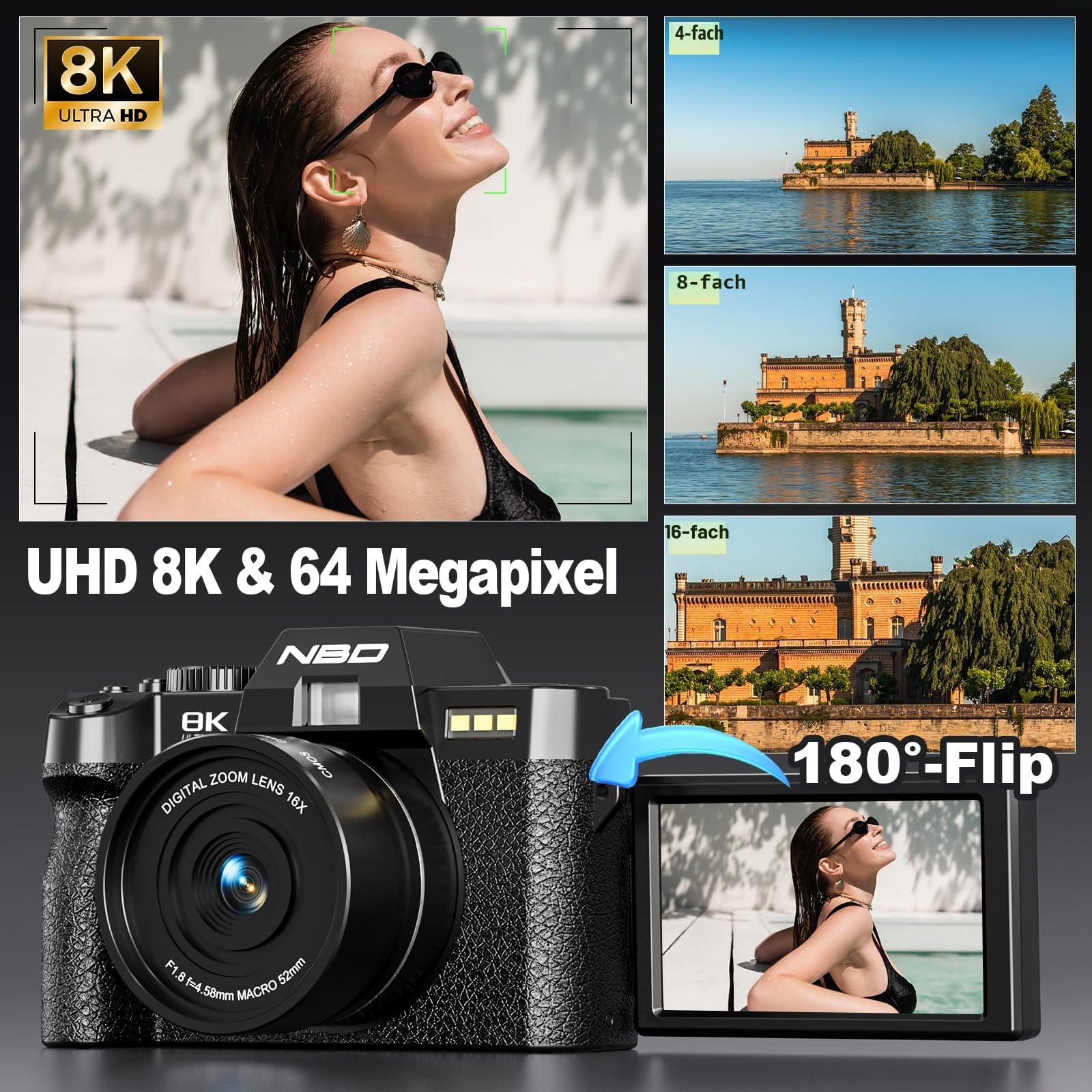 NBD Digital Camera 8K Digitalkamera 64MP 32GB Autofokus