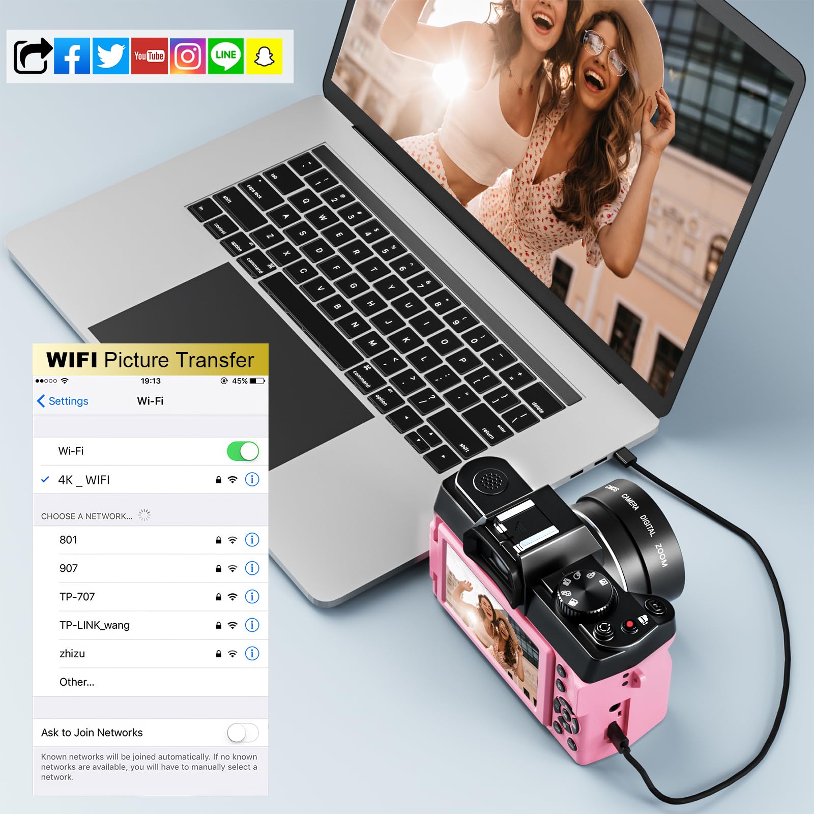 NBD Digital Camera 4K Digitalkamera 48MP WiFi Rosa 32GB