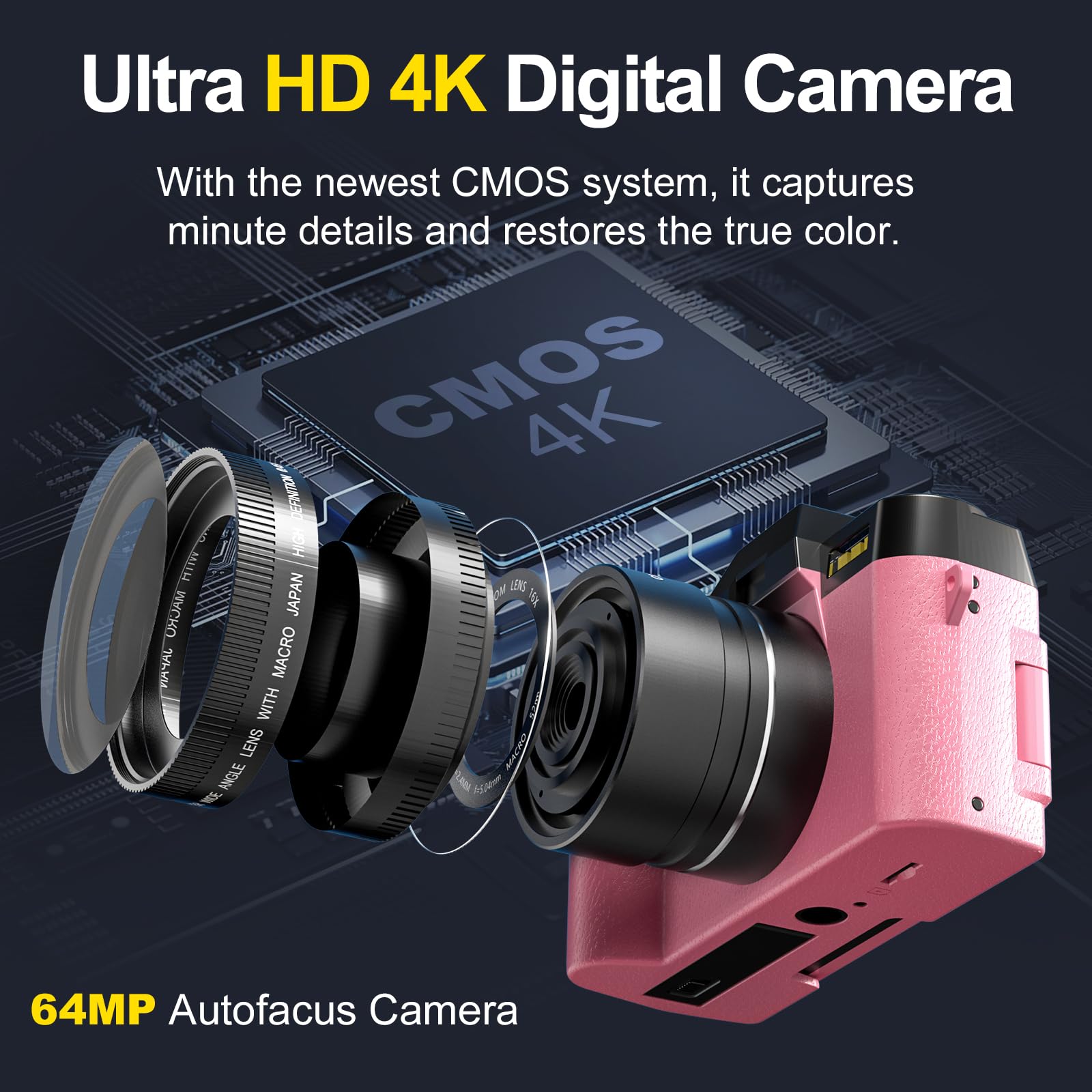 NBD Digital Camera 4K Digitalkamera 48MP WiFi Rosa 32GB
