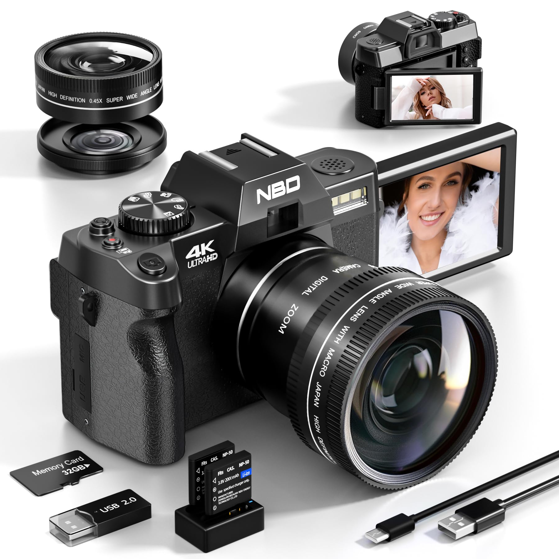 NBD Digital Camera 4K 48MP schwarz mit Weitwinkel 32GB