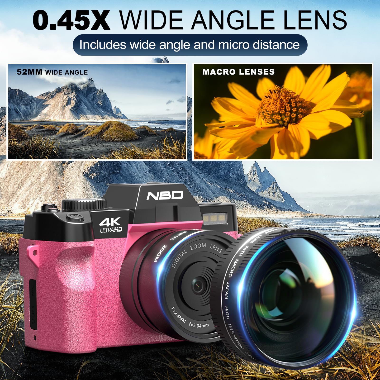 NBD Digital Camera 4K Digitalkamera Rosa 32GB mit Weitwinkel