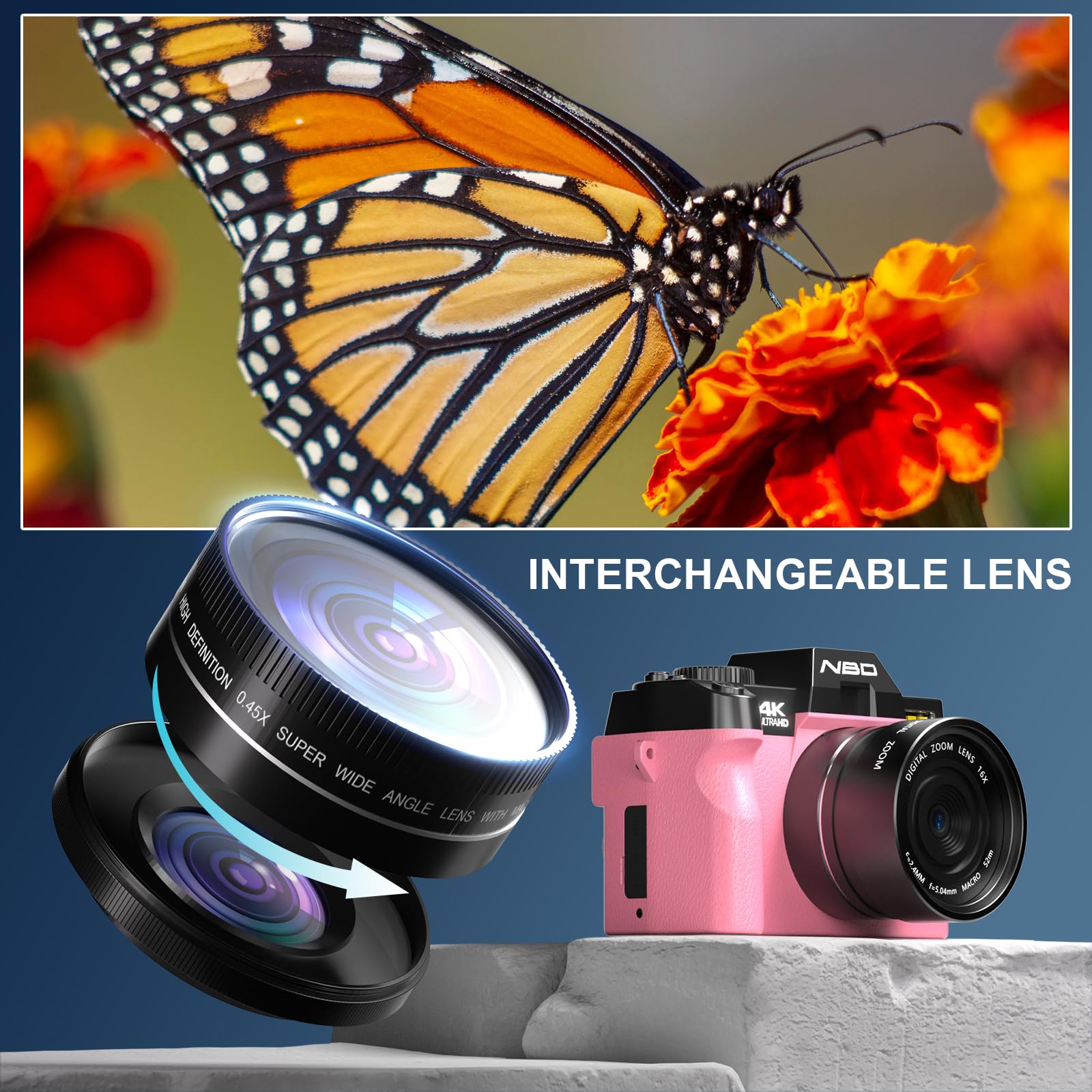NBD Digital Camera 4K Digitalkamera 48MP WiFi Rosa 32GB