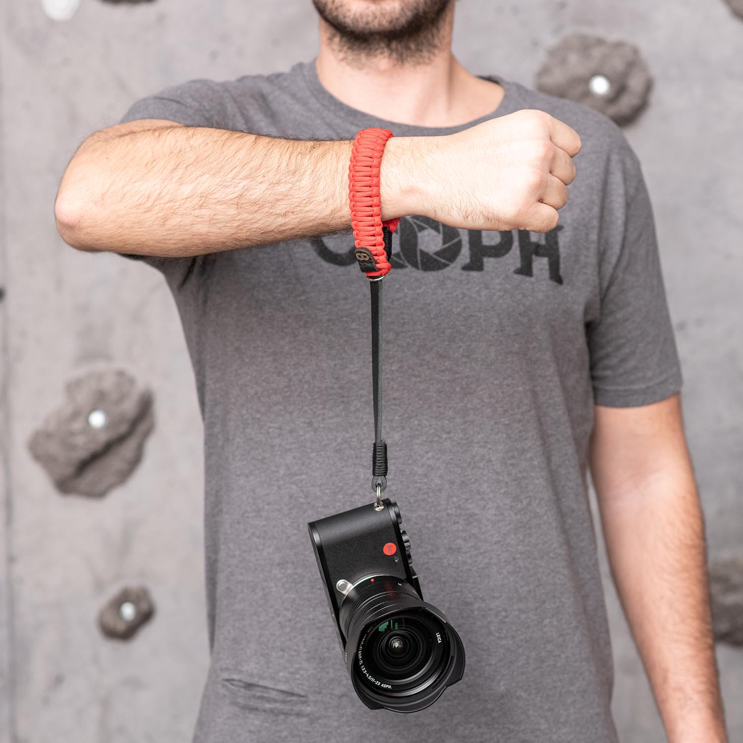 COOPH Leica Paracord Handschlaufe Seil Schwarz/Rot Stahlring