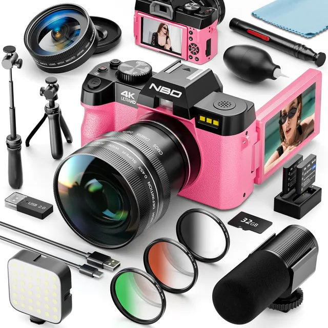 NBD Digital Camera 4K Digitalkamera Rosa 32GB mit Weitwinkel
