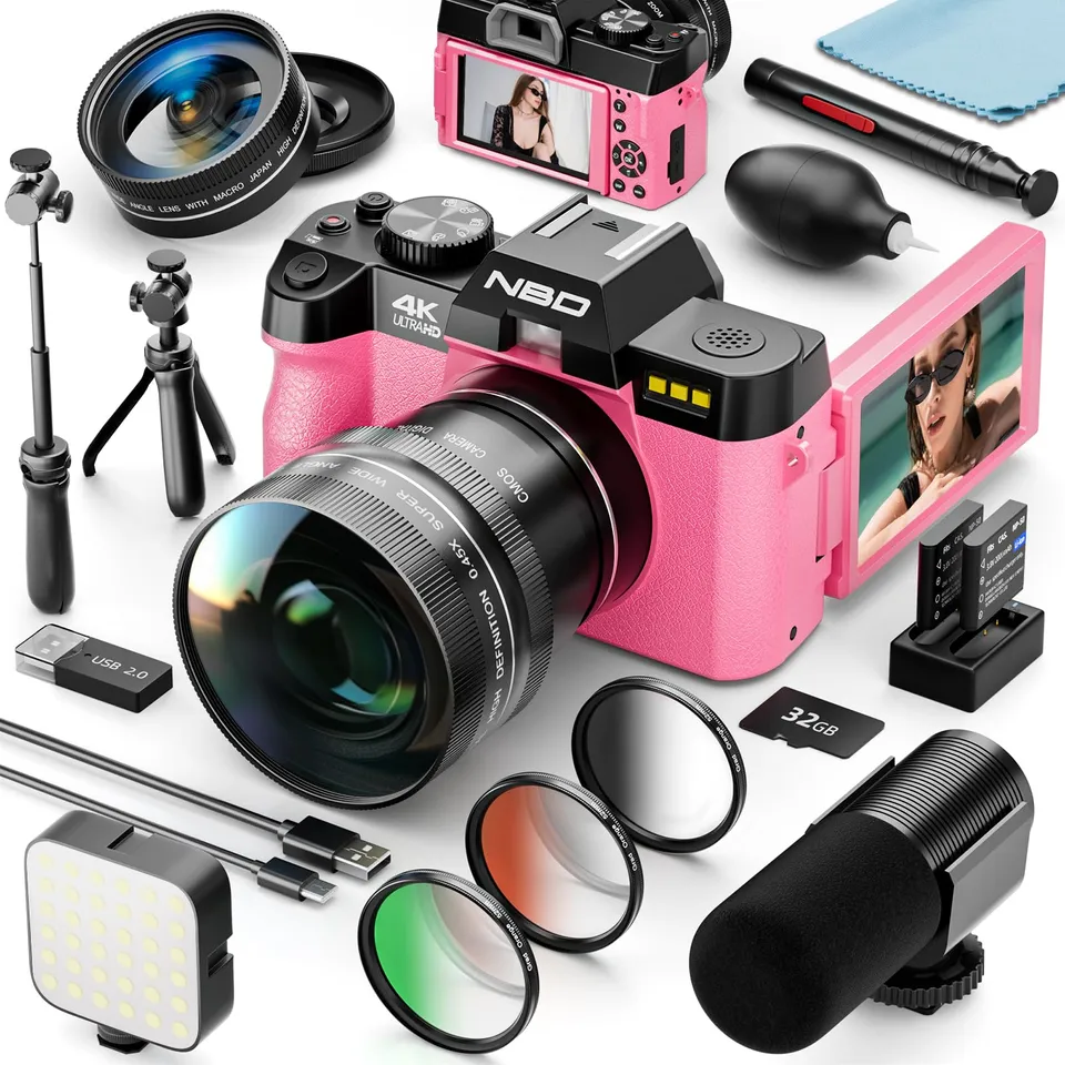 NBD Digital Camera 4K Digitalkamera Rosa 32GB mit Weitwinkel