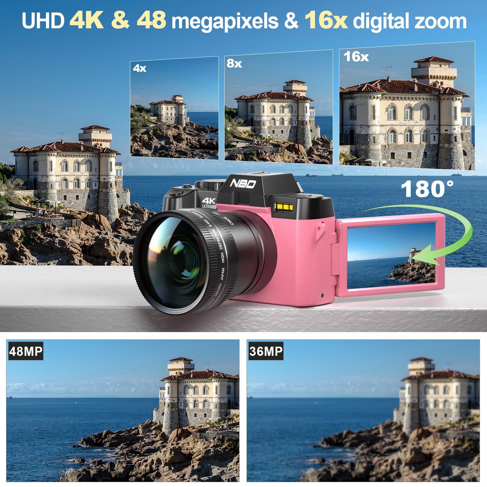 NBD Digital Camera 4K Digitalkamera 48MP WiFi Rosa 32GB