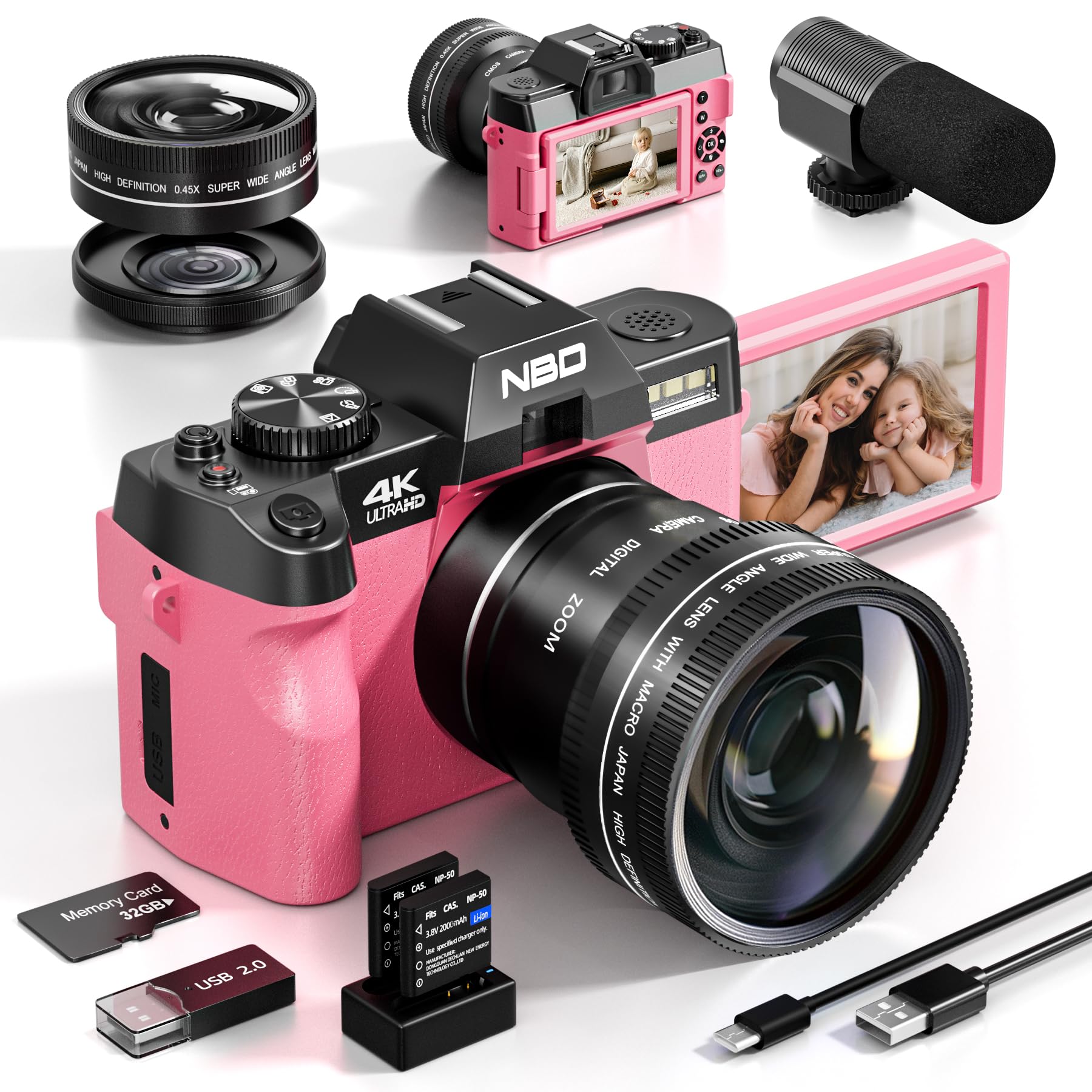NBD Digital Camera 4K Digitalkamera 48MP WiFi Rosa 32GB