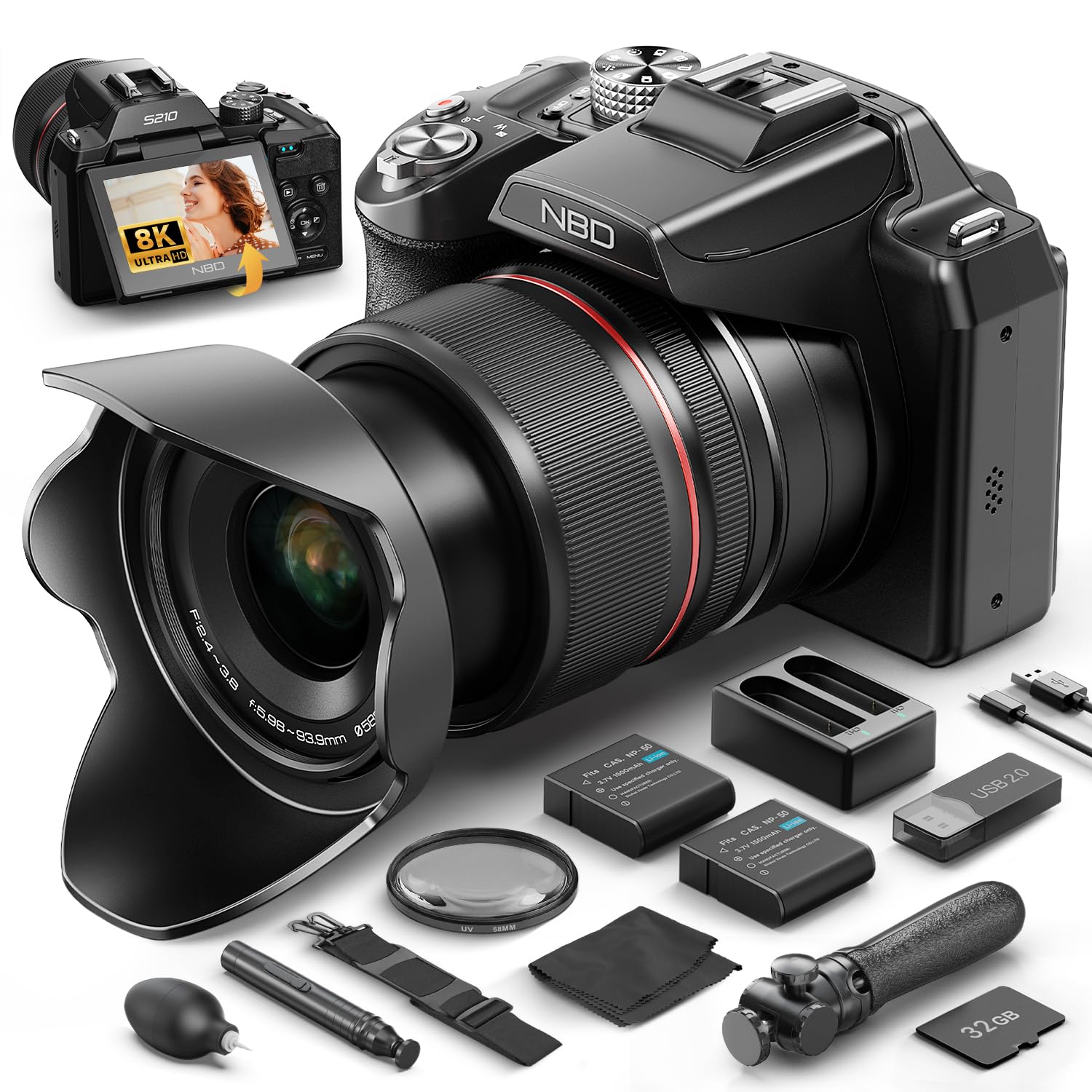 NBD Digital Camera 8K 64MP Digitalkamera 16x Zoom Klappdisplay